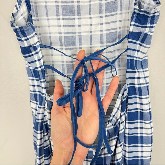 UO Lani Strappy Back Bodycon Mini Dress Blue Plaid sz L Spring Summer - Picture 6 of 10